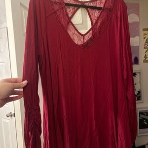 Michel Studio Red Long Sleeve Lace Detail Top